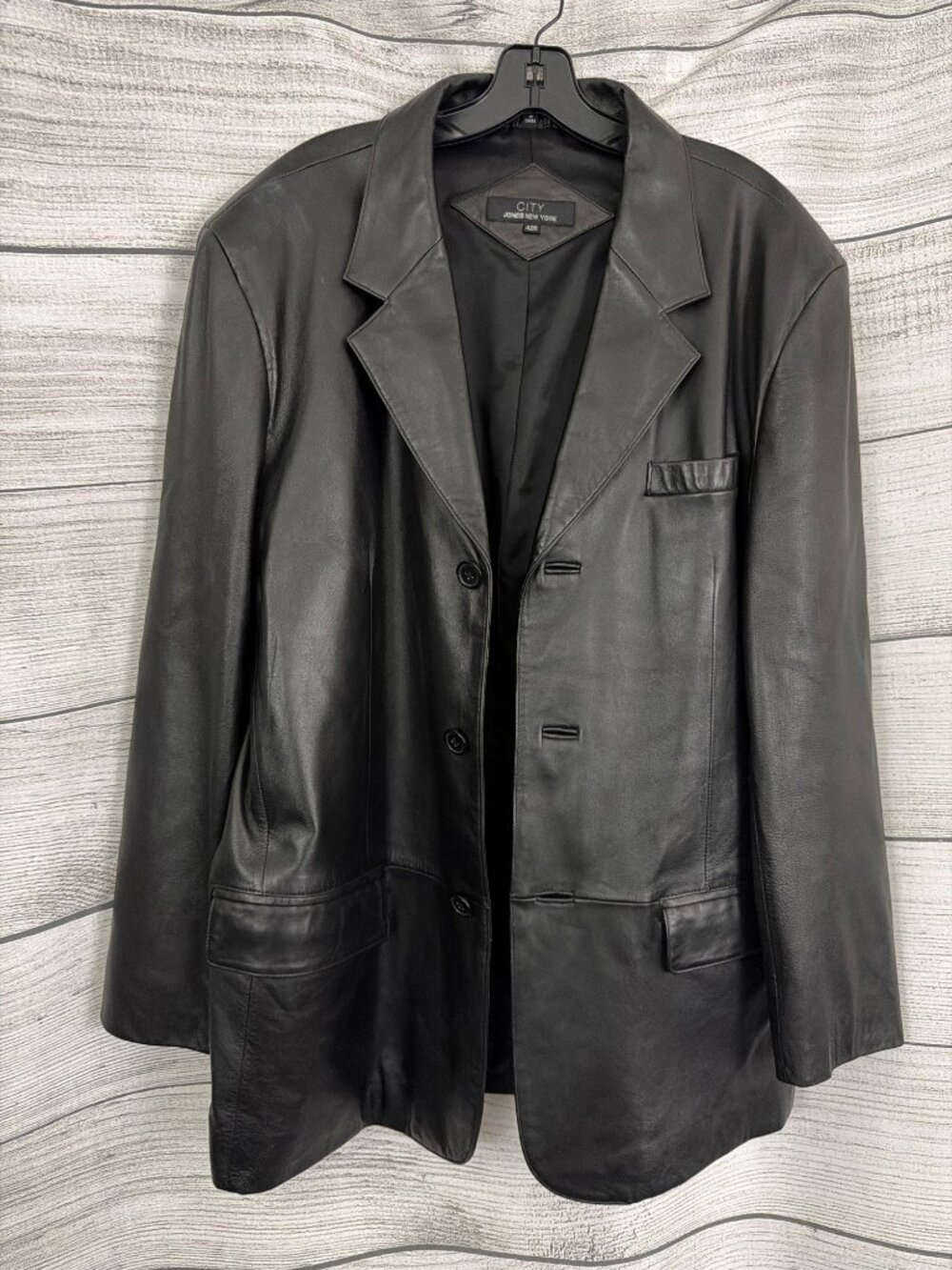 Mens City Jones New York Black Leather Blazer Jacket Size 42R